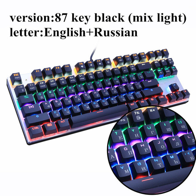 Metoo Gaming Mechanical Keyboard 87/104 Anti-ghosting Luminous Blue Red Black Switch Backlit LED wired Keyboard Russian sticker